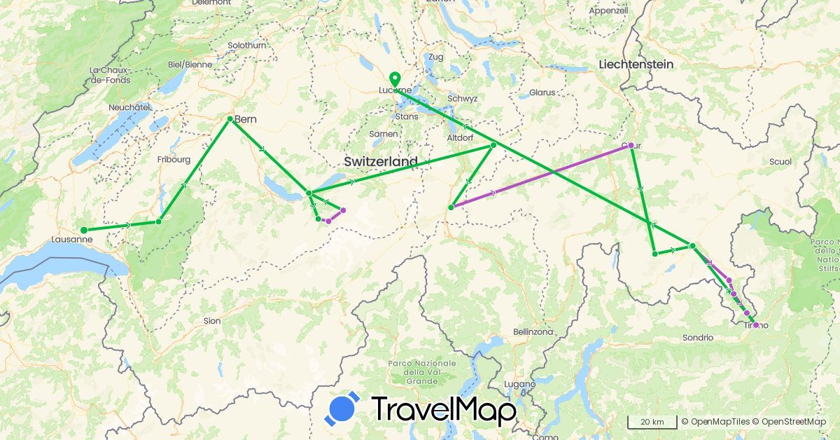 TravelMap itinerary: driving, bus, train in Switzerland, Italy (Europe)